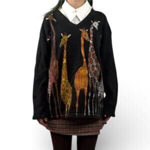 Marguerita Black Artsy Novelty Giraffe Print Sweater 2X Made in USA